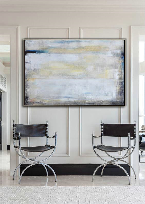 Huge Abstract Painting On Canvas,Oversized Horizontal Contemporary Art,Modern Wall Decor,White,Grey,Yellow.etc